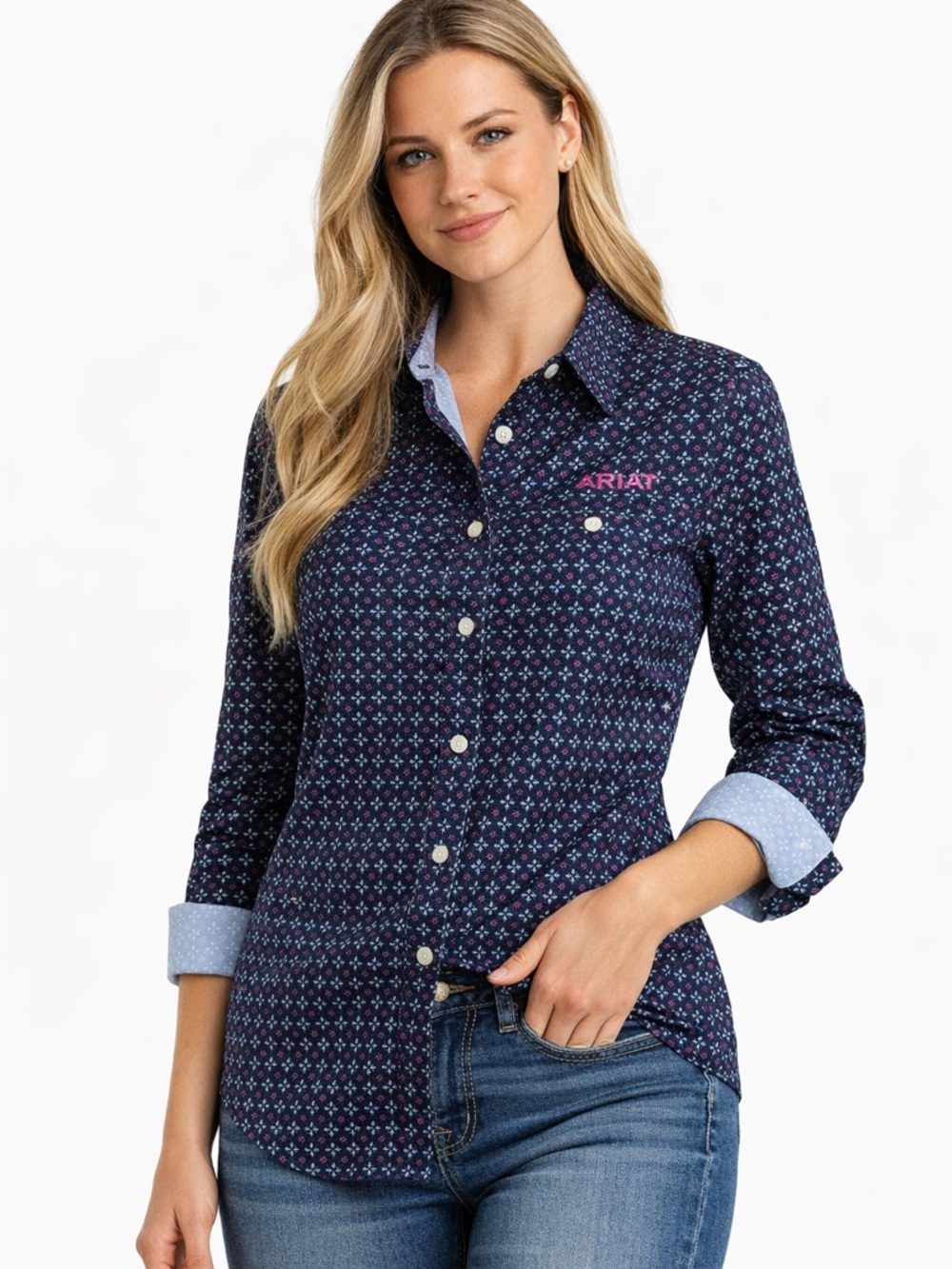 Ariat Tek Navy Geometric-Print Button Down Shirt with Pink Logo